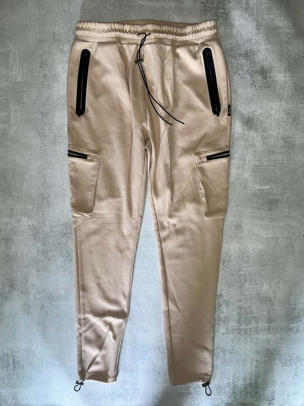 Size Up Apparel Men's Beige Cargo Jogger Pants with Zipper Pockets and Adjustabl